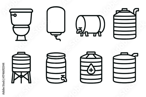 Household Tank Icons. Household tanks outline set. bathroom water tank, kitchen water tank, small storage tank, garden tank, overhead tank, backyard barrel, filtered tank