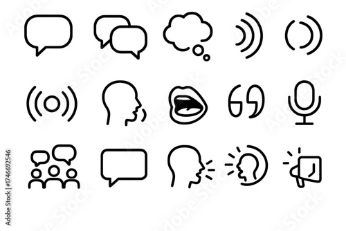 Communication Iconography. Communication symbols outline set. speech bubble, dialogue bubble, thought bubble, sound waves, echo lines, talking head, open mouth, quotation marks