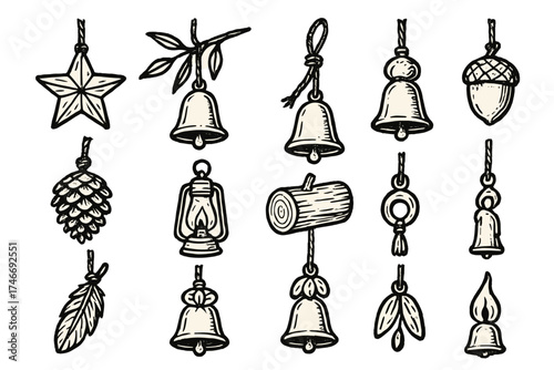 Rustic Bell Icons. Rustic bells outline set. wooden star, branch, rope, acorn, pinecone, lantern, log, charm, feather, flower, seed, candle flame.