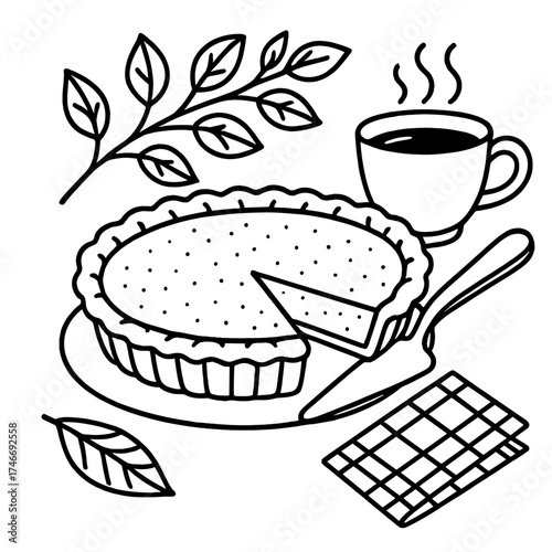 Classic Autumn Dessert. Pumpkin pie outline set. spiced filling, flaky crust, serving knife, autumn branch, hot drink, festive napkin