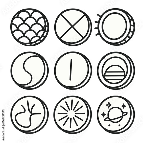 Creative Coin Designs. Creative coins outline set. patterned coin, geometric coin, glowing aura coin, rainbow coin, abstract coin, minimalist coin, radiant coin, cosmic coin.