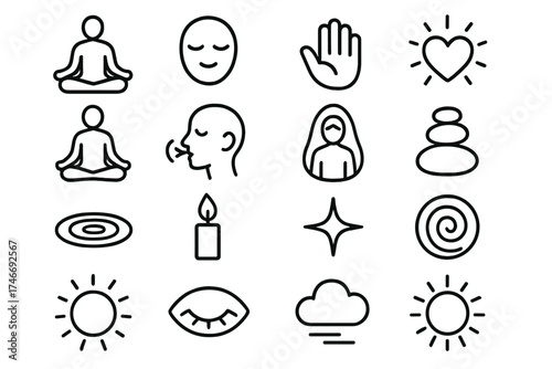 Mindful Icons Collection. Mindful outline icons. meditating figure, calm face, open hand, heart glow, seated lotus, breathing symbol, aura outline, balanced stones, ripple in water