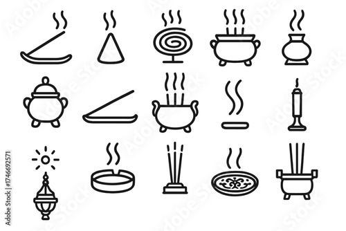 Incense Collection Outline. Incense outline icons. incense stick, incense cone, incense coil, incense burner, censer, incense holder, temple incense pot, smoke trail, glowing ember