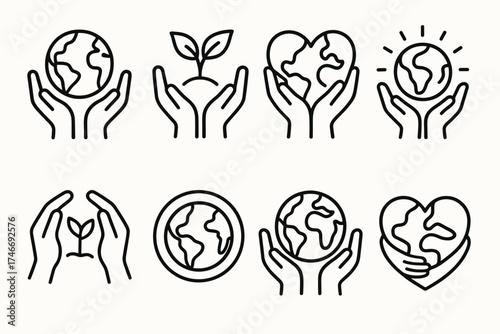 Hands Holding Earth. Sustainable earth outline set. green planet in hands, open palms with sprout and globe, heart earth with hands, glowing world held, hands protecting nature