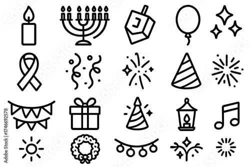 Symbolic Celebration Icons. Celebration symbols outline set. candle flame, menorah, dreidel, star, ribbon, confetti, balloon, sparkles, festive banner, wrapped gift, party hat