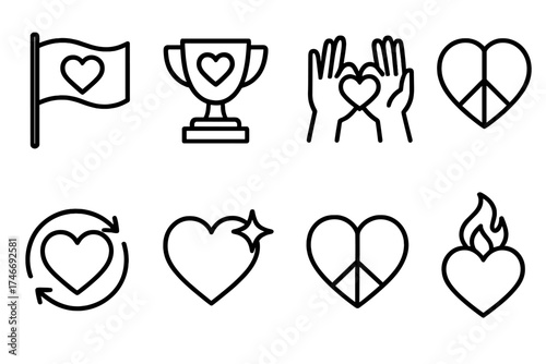 Symbols of Victory. Symbolic wins outline set. victory flag with heart, trophy with heart, raised hands with heart, peace heart, resilience heart, guiding star heart, harmony heart