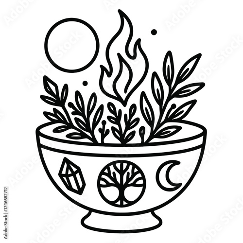 Enchanting Ritual Bowl. Offering bowl outline set. decorated bowl, herbs inside, flame above, crystal gem, moonlight glow, sacred tree