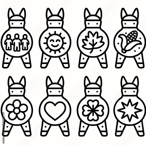 Symbolic Clay Piñatas. Symbolic piñatas outline set. unity clay piñata, joy clay piñata, gratitude clay piñata, abundance clay piñata, harmony clay piñata, love clay piñata