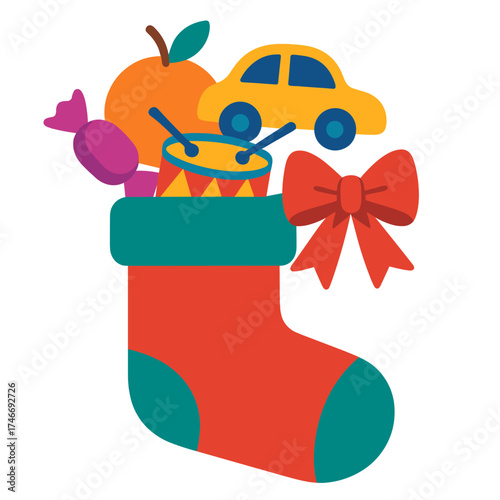 Holiday Stocking Surprise. Stocking gift flat icon set. cozy sock, fruit inside, toy car, wrapped candy, tiny drum, festive bow