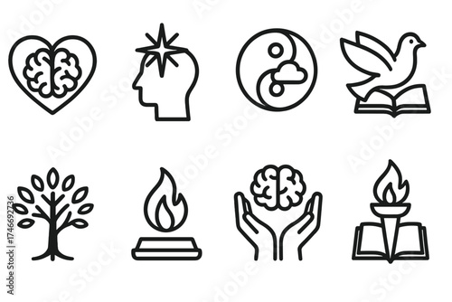 Symbolic Icons Collection. Symbolic outline icons. heart with brain, guiding star with head, harmony circle with thought, peace dove with book, tree of knowledge, flame of
