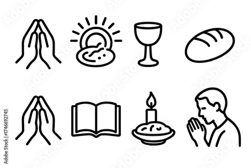Prayerful Meal Icons. Grace before meal outline set. folded hands over food, radiant plate, dinner cup, loaf of bread, glowing light, open book, meal with candle, prayerful figure.