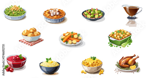Holiday Feast Vector Set — Realistic Festive Dinner Dishes and Traditional Seasonal Food Illustrations