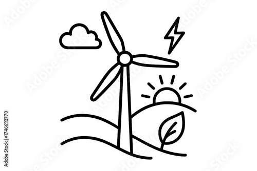 Sustainable Energy Landscape. Wind turbine outline set. single turbine, cloud background, energy bolt, rising sun, leaf icon, rolling hills