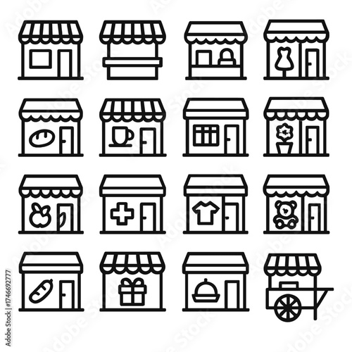 Storefront Icons Collection. Storefront outline icons. small shop, market stall, kiosk, boutique, bakery shop, coffee shop, bookstore, flower shop, grocery store, pharmacy
