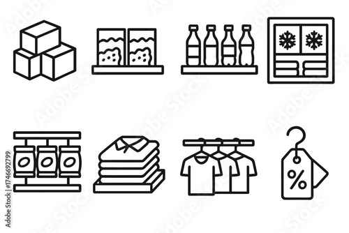 Black Line Market. Supermarket aisle outline set. box stacks, cereal row, drink bottles, frozen goods shelf, snack packs, folded apparel, hanging rack, discount tag.