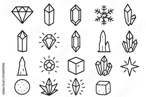 Crystal Outlines Collection. Crystal shapes outline set. diamond, prism, hexagon crystal, snow crystal, quartz point, glowing gem, icy gem, stalactite, stalagmite, radiant jewel