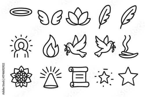 Spiritual Icons Set. Spiritual support sign outline set. halo, angel wings, lotus, feather, aura circle, flame, dove with branch, incense, mandala, light beam, scroll, star.