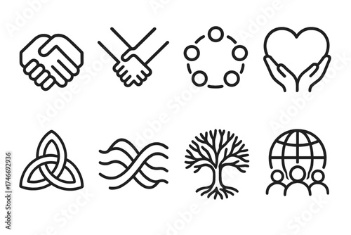 Unity Symbols Collection. Unity symbols outline set. clasped hands, linked arms, circle of people, heart with hands, unity knot, harmony wave, tree of life, globe with people.
