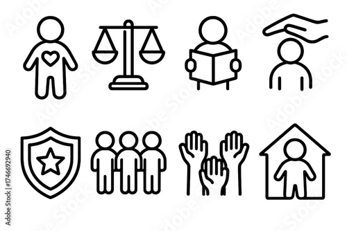 Children's Justice Icons. Children’s justice outline set. child figure with heart, balanced scales, child holding book, protective hand, shield with star, group of kids, raised
