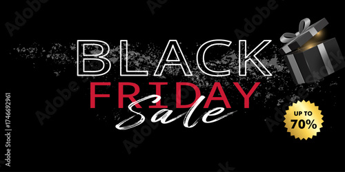 Elegant Black Friday Sale Banner with Gifts and Balloons. Black Friday Super Sale.