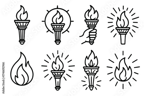 Liberty Torch Icons. Liberty torch outline set. upright torch, torch with halo, hand and flame, glowing rays, decorative torch, flame symbol, radiant fire, guiding light.