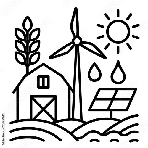 Sustainable Farm Elements. Sustainable farm outline set. barn, wind turbine, solar panel, wheat stalk, water droplet, sun rays