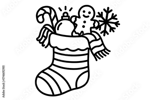 Holiday Stocking Treasures. Stocking gift outline set. striped stocking, sweet treats, glowing ornament, warm scarf, gingerbread cookie, frosty snowflake