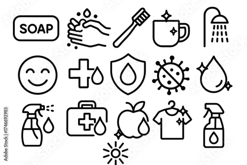 Hygiene Essentials Icons. Health and hygiene outline set. soap bar, handwashing hands, toothbrush, clean cup, shower stream, smiling face, medical cross with droplet, shield with