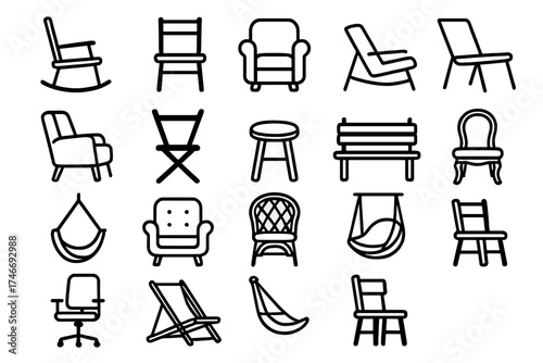 Variety of Chairs. Chair outline icons. rocking chair, wooden chair, armchair, lounge chair, recliner, folding chair, stool, bench, hammock chair, cushioned chair, wicker chair