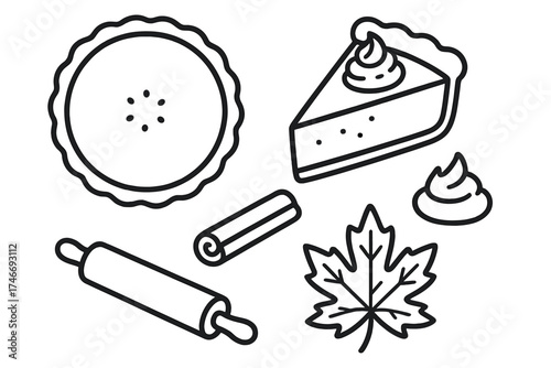 Autumn Pie Elements. Pumpkin pie outline set. whole pie, pie slice, whipped cream topping, rolling pin, cinnamon stick, autumn leaf