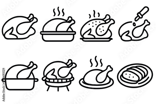 Turkey Cooking Icons. Cooking outline icons. raw turkey, oven-roasted turkey, seasoned turkey, basted turkey, turkey in pan, grilling turkey, steaming turkey, sliced platter.
