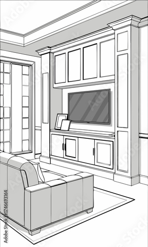 Living Room Entertainment Center Design Sketch Modern Home Interior Sofa and Cabinetry Plan Architectural Drawing.