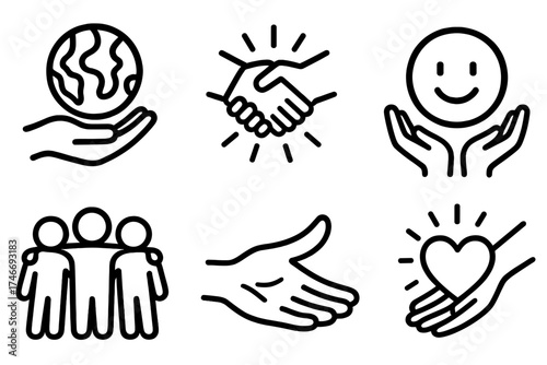 Symbols of Kindness. Positive deeds outline set. hand holding globe, handshake with rays, heart in hands, friendly smile, group support, offering hand, shining heart, helping icon.