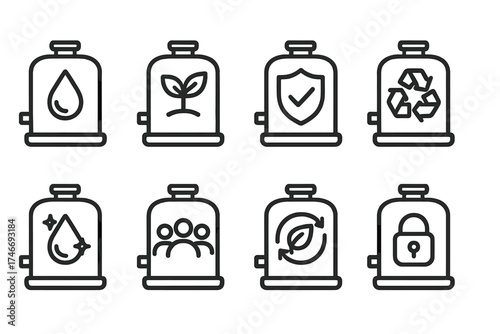Eco-Friendly Water Tanks. Symbolic tanks outline set. droplet on tank, eco water tank, shielded tank, recycling tank, clean water tank, community tank, sustainable tank, secure