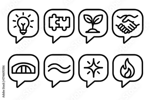 Iconic Symbols Gallery. Symbolic outline icons. light bulb in chat, puzzle piece dialogue, growth plant chat, unity hands speech bubble, bridge chat, harmony wave, shining star