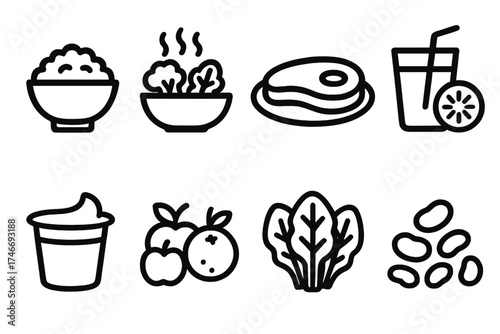 Balanced Diet Icons. Balanced diet outline set. rice bowl, steamed vegetables, lean meat plate, fresh juice, yogurt cup, mixed fruit, leafy greens, protein beans.