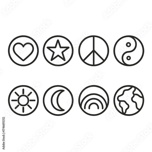 Symbolic Circle Icons. Symbolic circles outline set. heart circle, star circle, peace circle, harmony circle, sun circle, moon circle, rainbow circle, earth circle.