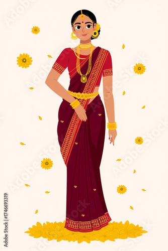 Beautiful indian woman in traditional maroon saree and gold jewelry