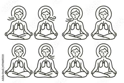 Serene Lotus Breath. Peaceful breath outline set. lotus figure, gentle air waves, calm inhalation, glowing lungs, sitting posture, aura glow, quiet face, soft lines.