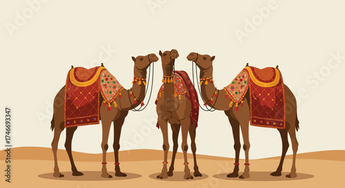 A vibrant flat design vector illustration showcasing beautifully adorned camels, central to the Pushkar Camel Fair, standing majestically in a desert landscape. 