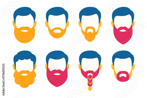 Modern Beard Icons. Beard icons flat icon set. full beard, stubble beard, goatee beard, long beard, curly beard, thick beard, braided beard, trimmed beard.