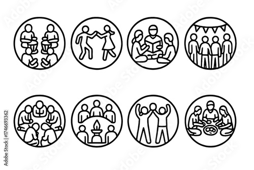 Cultural Circle Icons. Cultural circles outline set. drum circle, dance gathering, storytelling circle, festival circle, prayer circle, heritage circle, unity chant, shared meal
