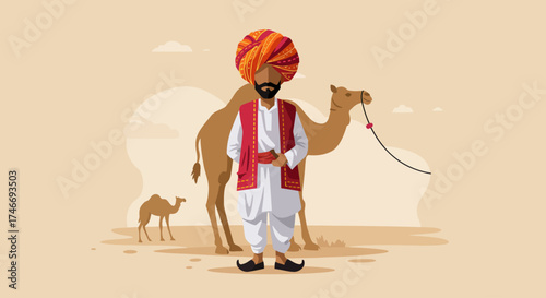 A compelling flat design vector illustration of a traditional Rajasthani camel trader, dressed in vibrant ethnic attire, symbolizing the heart of the Pushkar Camel Fair's commerce. 