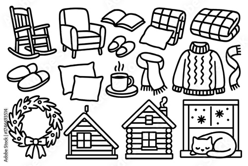 Cozy Winter Retreat. Winter comfort outline set. rocking chair, armchair, book, slippers, cushion, pillow, quilt, knit sweater, scarf, knitted hat, snow outside window, frosted
