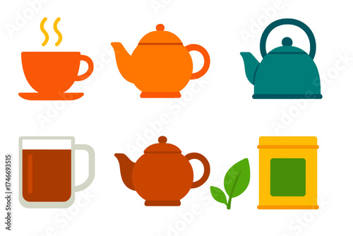 Minimalistic Tea Icons. Classic teas flat icon set. teacup with steam, teapot, tea bag in cup, glass mug of tea, kettle with steam, clay teapot, tea leaf icon, tea tin.