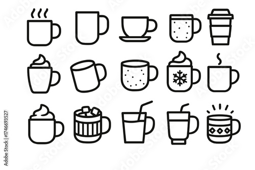 Assorted Mug Icons. Drink outline icons. steaming mug, tall mug, ceramic cup, to-go cup, glass mug, tilted mug, rustic mug, festive mug, whipped cream cup, marshmallow cup, straw