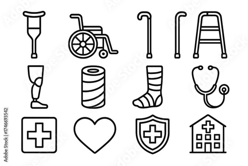 Medical Icon Set. Crutch pair outline set. crutch, wheelchair, cane, walker, prosthetic leg, bandage, cast, stethoscope, cross symbol, heart, shield, hospital.