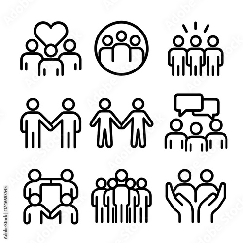 United Supportive Icons. Group care outline set. people around heart, supportive circle, group with rays, team discussion, linked figures, holding hands, united group, safe space.