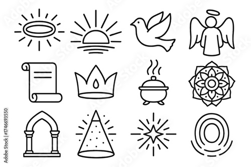 Spiritual Icons Collection. Spiritual reflection outline set. halo, rays of light, dove, angel, scroll, crown, incense, mandala, temple arch, light beam, starburst, aura.