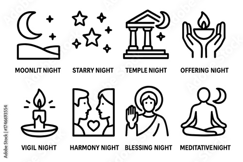Sacred Nights Icons. Sacred nights outline set. moonlit night, starry night, temple night, offering night, vigil night, harmony night, blessing night, meditative night.
